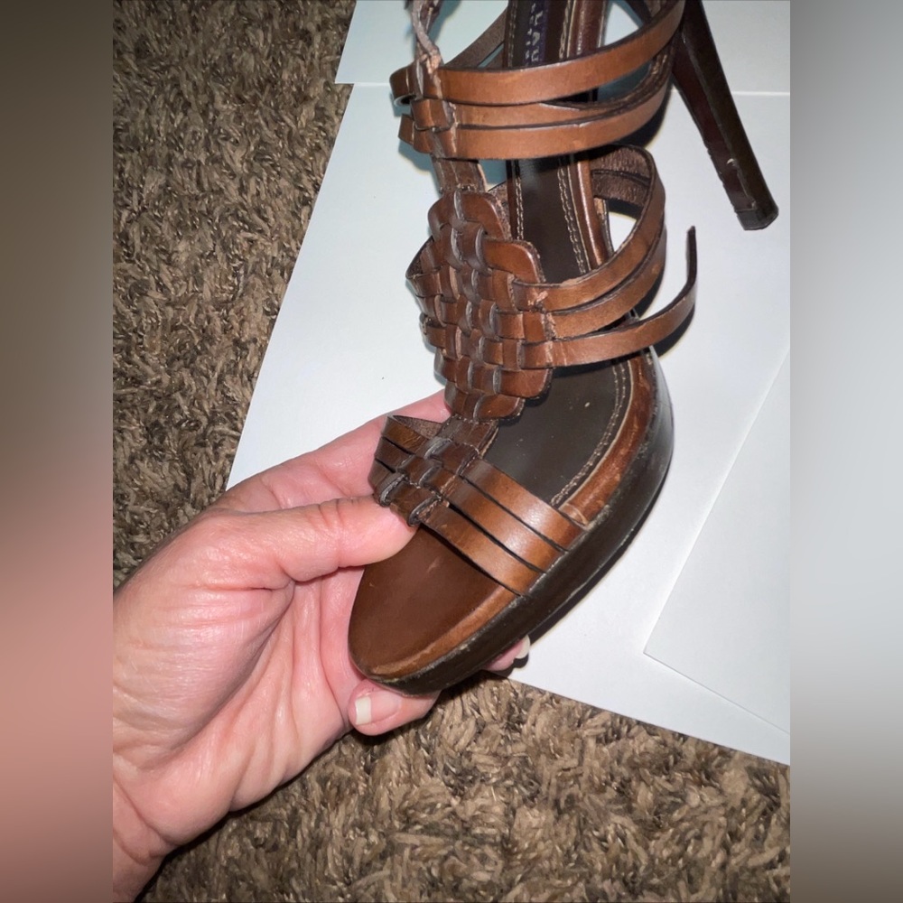 RALPH LAUREN COLLECTION PURPLE LABEL BROWN LEATHER HEELS ANKLE STRAP 7.5 ITALY - Picture 10 of 16